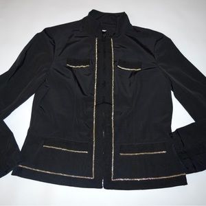 Chico's Light Weight Jacket Chain Trim Black High Collar Full Zip Pockets Size 1
